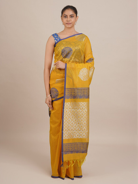 

Pothys Women Mustard & Blue Woven Designed Saree