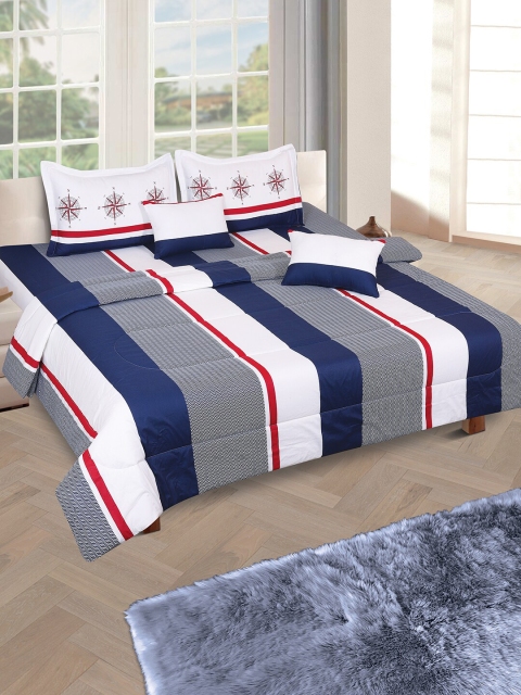 

ROMEE White & Blue Striped Cotton Double King Bedding Set With Quilt