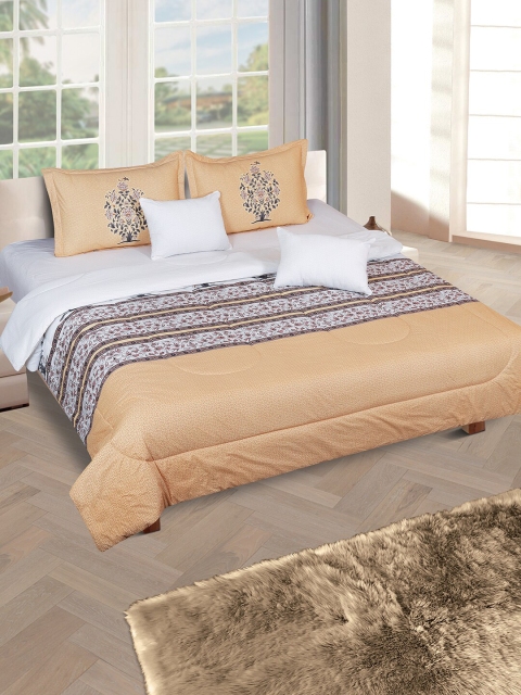 

ROMEE Peach-Coloured & White Printed Cotton Double King Bedding Set With Quilt