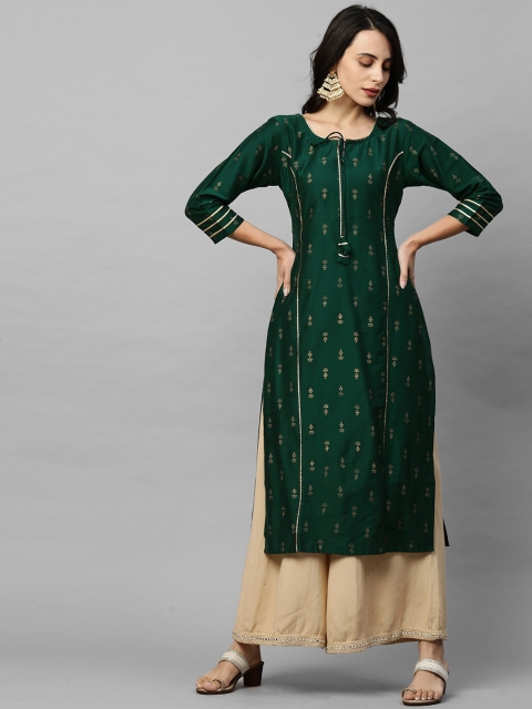 

FASHOR Women Green Ethnic Motifs Printed Gotta Patti Kurta