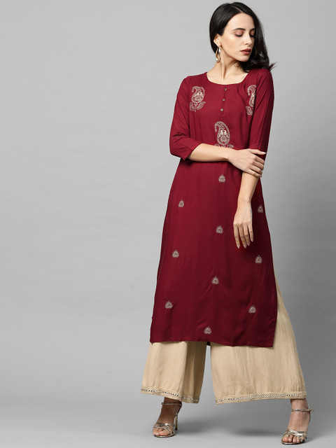 

FASHOR Women Maroon Embroidered Kurta