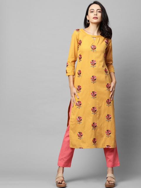 

FASHOR Women Mustard Yellow Floral Embroidered Keyhole Neck Kurta