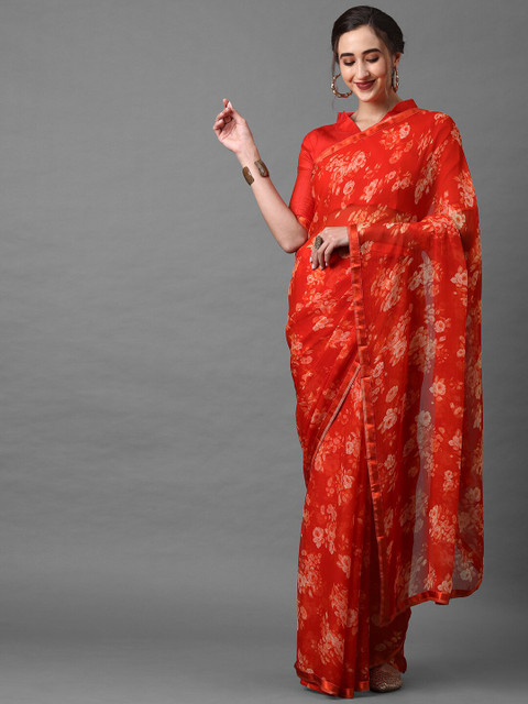 

Mitera Women Red Poly Chiffon Floral Printed Saree
