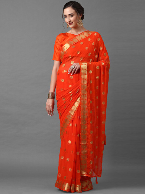 

Mitera Women Orange & Gold-Toned Woven Designed & Embellished Saree