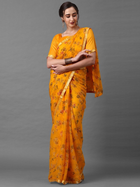 

Mitera Women Mustard Yellow Poly Chiffon Floral Printed Saree