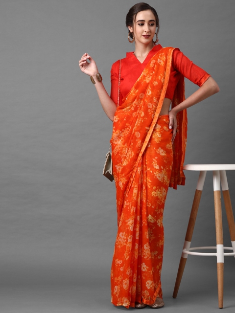 

Mitera Women Orange Poly Chiffon Floral Printed Saree