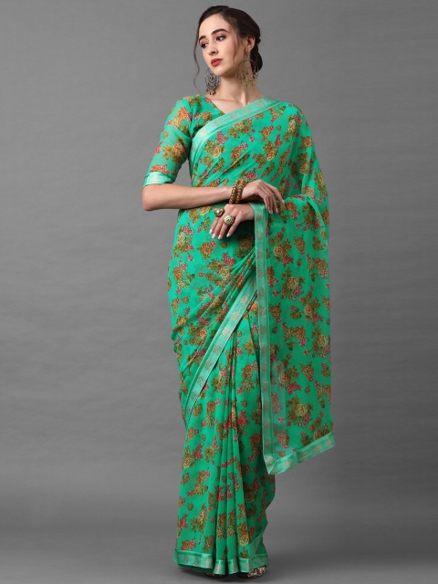 

Mitera Women Sea Green Poly Georgette Floral Printed Saree