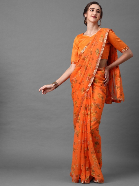 

Mitera Women Orange Poly Chiffon Floral Printed Saree