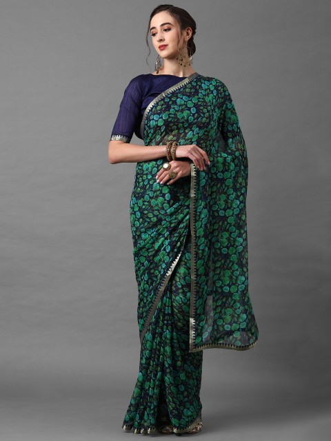 

Mitera Women Navy Blue & Green Poly Chiffon Floral Printed Saree