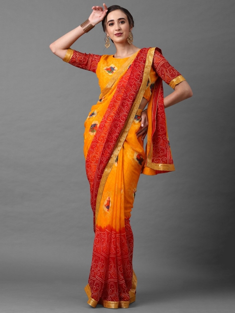 

Mitera Women Orange & Mustard Poly Georgette Bandhani Printed Saree