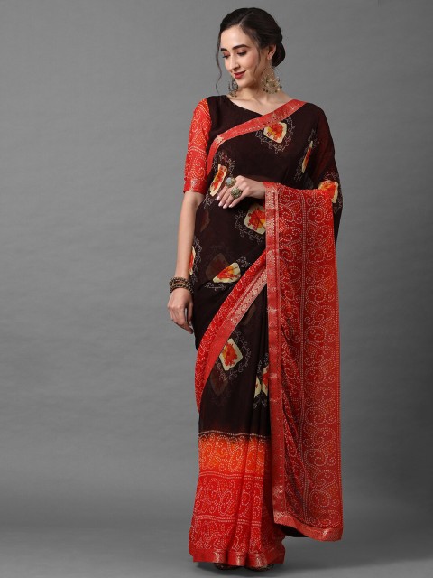 

Mitera Women Brown & Orange Poly Georgette Floral Printed Saree