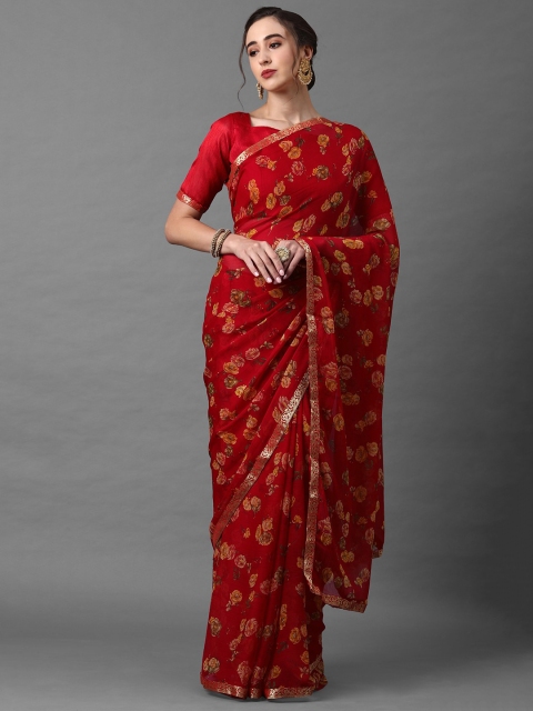 

Mitera Women Maroon Poly Chiffon Floral Printed Saree