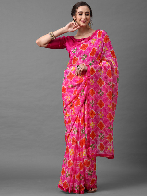 

Mitera Pink Poly Chiffon Bandhani Printed Saree