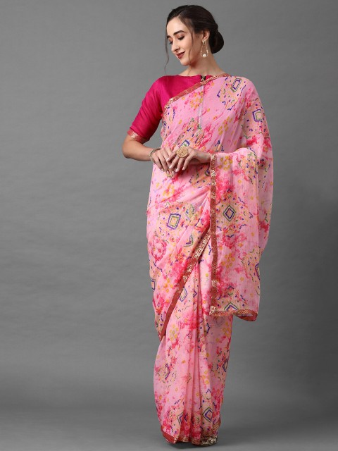 

Mitera Women Pink Poly Chiffon Floral Printed Saree