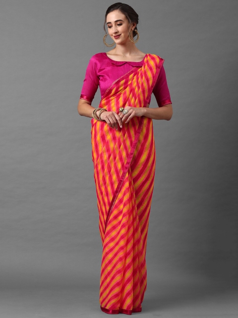 

Mitera Women Yellow & Pink Poly Chiffon Leheriya Printed Saree