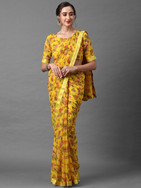

Mitera Women Yellow Poly Georgette Floral Printed Saree