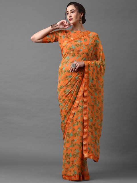 

Mitera Women Orange Poly Georgette Floral Printed Saree