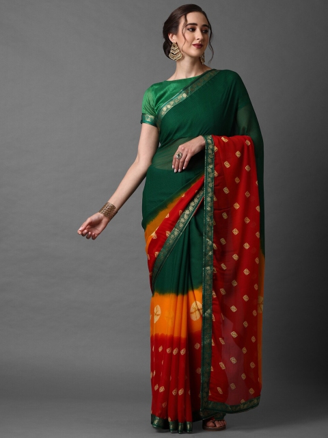 

Mitera Women Green & Red Poly Chiffon Bandhani Printed Saree