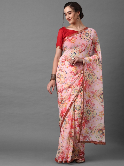 

Mitera Women Off White & Red Poly Chiffon Bandhani Printed Saree