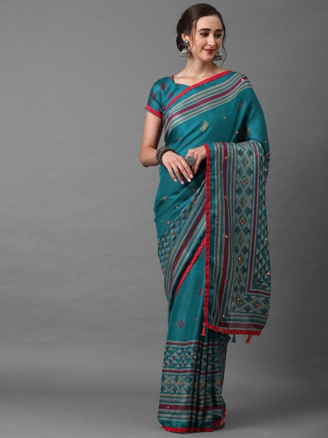 

Mitera Women Teal Jute Silk Geometric Printed & Embellished Saree