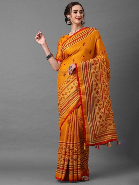

Mitera Women Mustard Jute Silk Geometric Printed & Embellished Saree