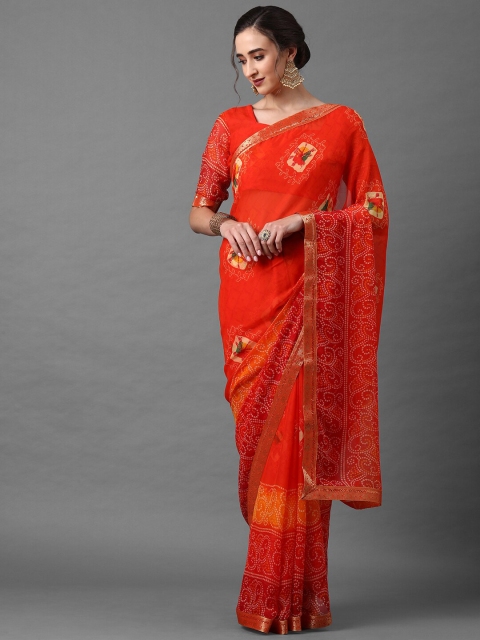 

Mitera Women Orange Poly Georgette Bandhani Printed Saree