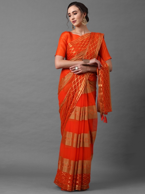 

Mitera Women Orange & Gold-Toned Geometric Woven Designed & Embellished Saree