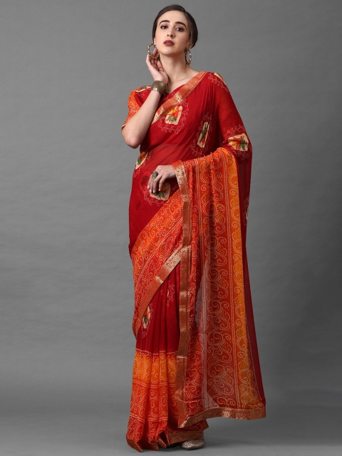 

Mitera Women Red & Orange Poly Georgette Bandhani Printed Saree