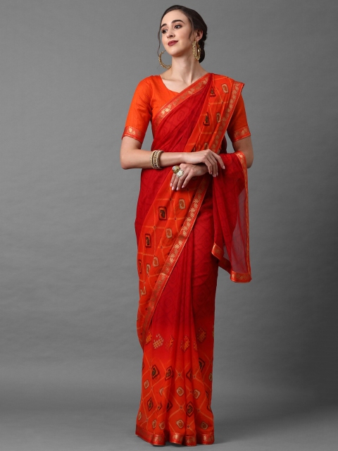 

Mitera Women Red & Orange Poly Georgette Bandhani Printed Saree