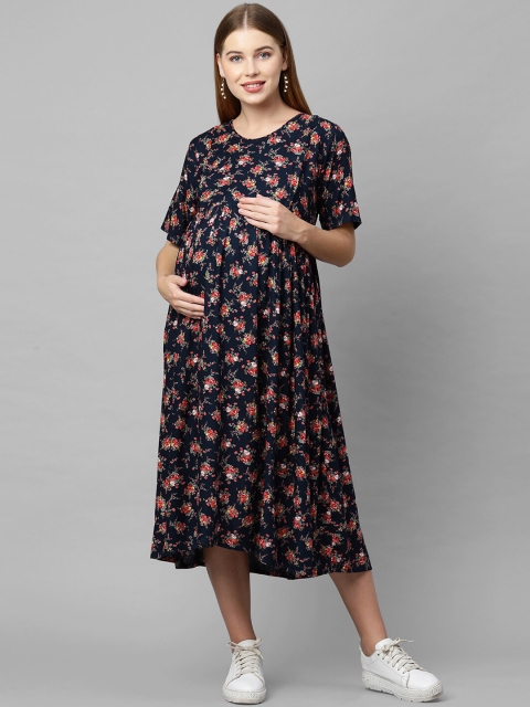 

MomToBe Woman Navy Blue Floral A-Line Maternity Midi Dress