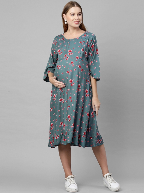 

MomToBe Green & Red Floral Maternity A-Line Midi Dress