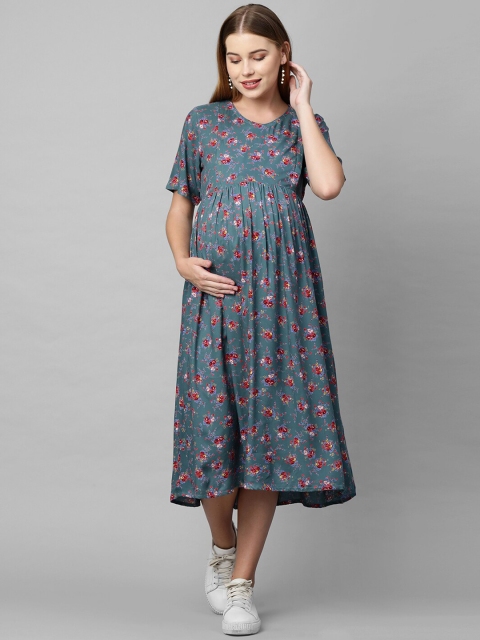 

MomToBe Green & Red Floral Printed Maternity Empire Midi Dress