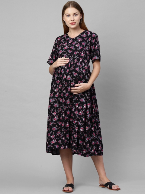 

MomToBe Women Black Floral A-Line Maternity Nursing Midi Dress
