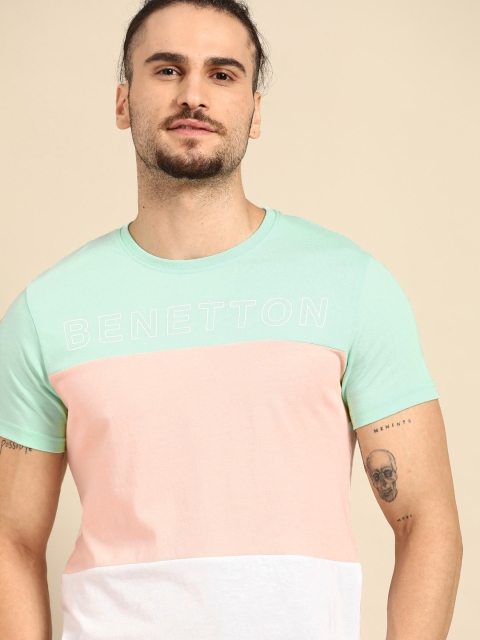 

United Colors of Benetton Men Sea Green & Pink Brand Logo Colourblocked T-shirt