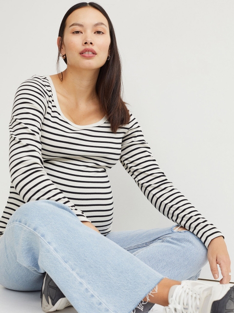 

H&M Women Black & White Striped MAMA Long-Sleeved Cotton Top