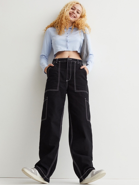

H&M Women Black Loose Fit Easy Wash Canvas Cargos Trousers