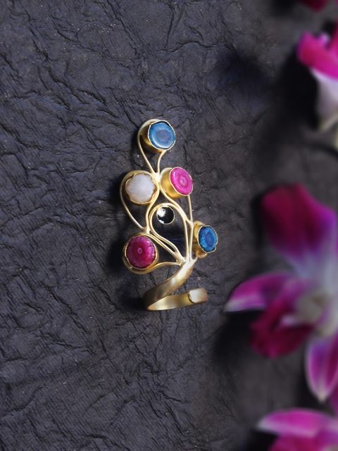 

AccessHer Gold-Toned Blue & Purple Agate Stone-Studded Handcrafted Finger Ring