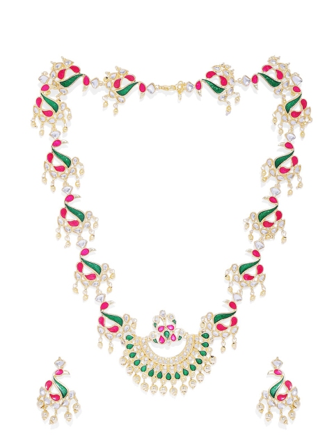 

AccessHer Gold-Plated Pink & Green Kundan-Studded Meenkari Jewellery Set