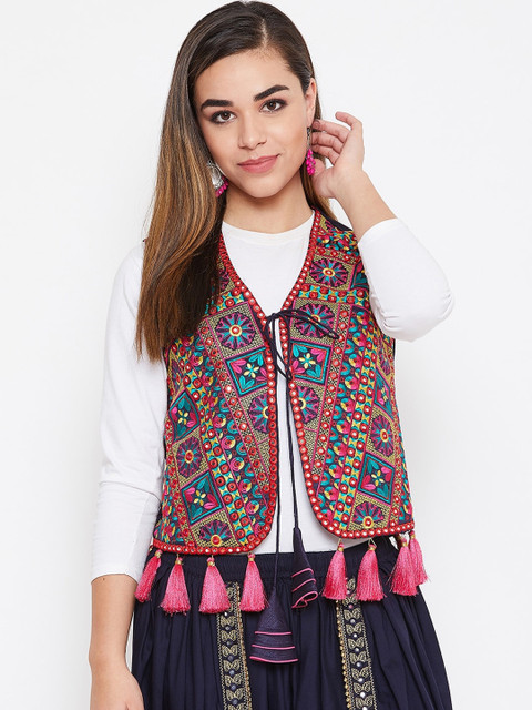 

TULIP 21 Women Navy Blue Pink Lightweight Crop Tailored Jacket