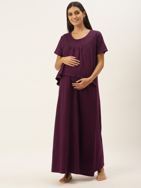 

Nejo Purple Cotton Solid Layered Maternity & Nursing Maxi Nightdress