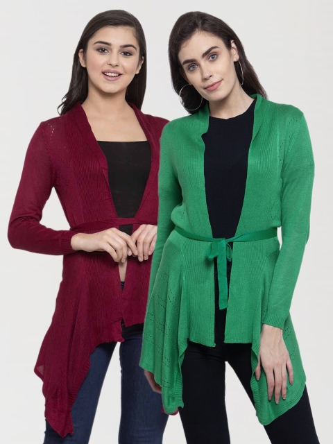 

KLOTTHE Women Set Of 2 Green & Maroon Tie-Up Shrug