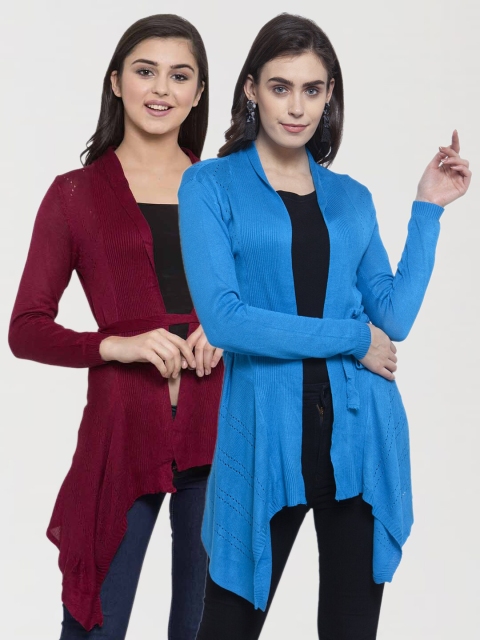 

KLOTTHE Women Set Of 2 Blue & Maroon Tie-Up Shrug