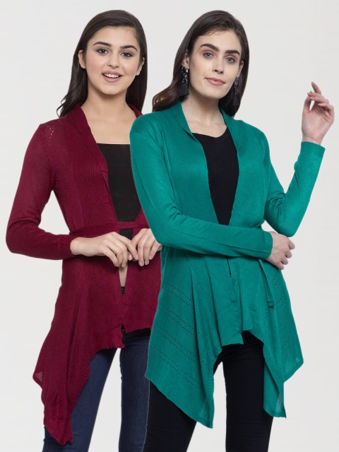 

KLOTTHE Pack Of 2 Women Sea Green & Maroon Tie-Up Shrug