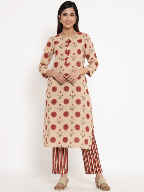 

ZOLA Women Peach-Coloured Floral Printed Regular Pure Cotton Kurti with Trousers