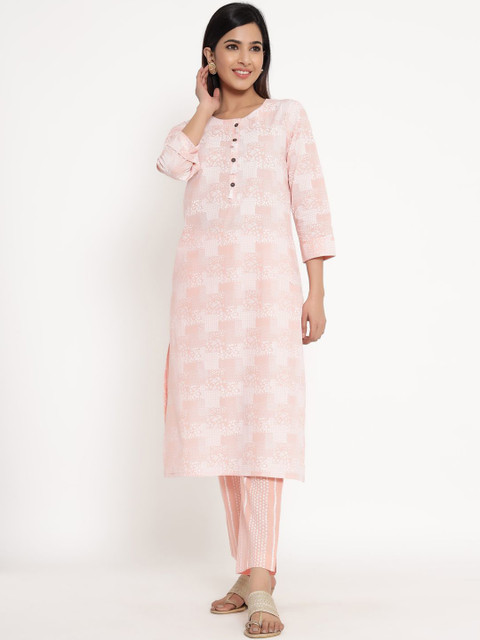 

ZOLA Women Pink Pleated Pure Cotton Kurti with Trousers