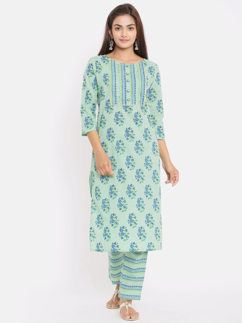 

ZOLA Women Green Floral Printed Regular Pure Cotton Kurta with Churidar