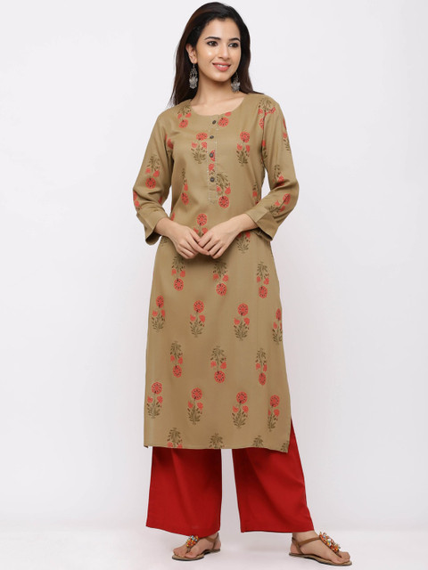 

ZOLA Women Olive Green Floral Embroidered Pleated Kurti with Palazzos