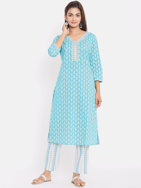 

ZOLA Women Blue Floral Yoke Design Panelled Pure Cotton Kurti with Trousers