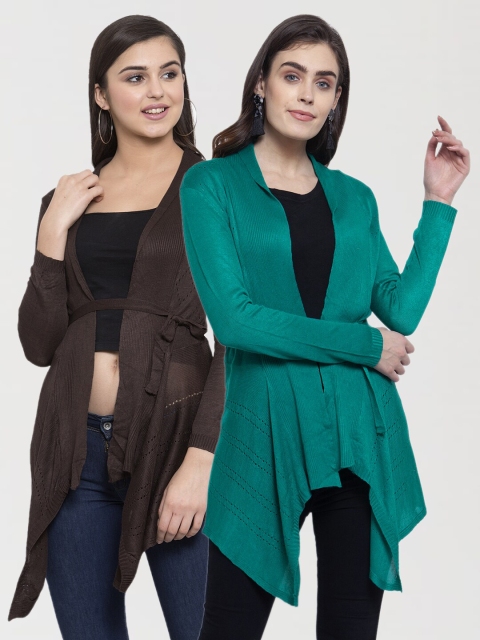 

KLOTTHE Women Set Of 2 Black & Sea Green Tie-Up Shrug