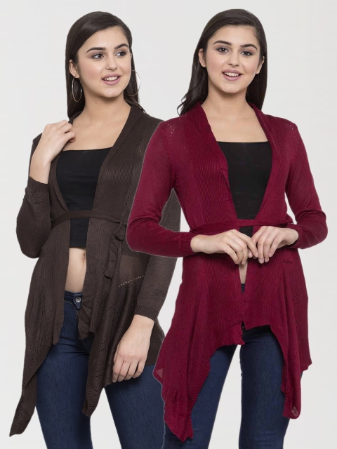 

KLOTTHE Women Pack of 2 Charcoal & Maroon Casual Tie-Up Shrug